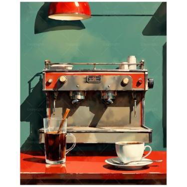 Imagem de Kit de pintura de cena por números de cafeteira para adultos - Pintura em tela de máquina de café expresso faça você mesmo 40 x 50 cm, conjunto de tinta acrílica, adequado para iniciantes, arte para