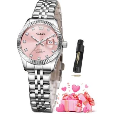 Imagem de OLEVS Relógios femininos luxuosos, elegantes, de aço inoxidável, à prova d'água, luminosos, diamantes, modernos, relógios femininos para pulsos pequenos, 3705-prata rosa, relógio feminino
