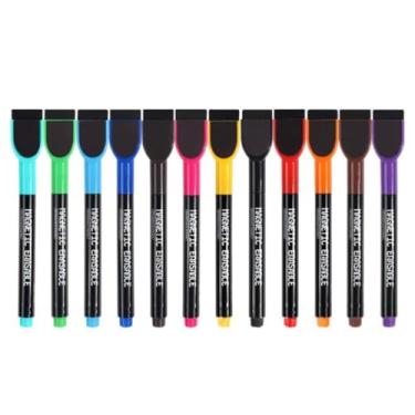 Imagem de Kit 12 Canetas Magnéticas Quadro Branco Lousa Porta Recado Geladeira C/Apagador Ponta Fina Colorida