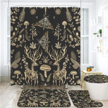 Imagem de YWMAN Conjunto de cortina de chuveiro gótica para banheiro com tapetes, padrão natural dourado preto, 4 peças com 12 ganchos, cortina de 180 x 180 cm, design de traça esqueleto antigo, acabamento