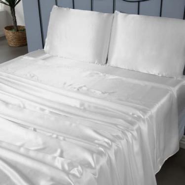 Imagem de Jogo de Lençol Casal Queen Sublime 4 Peças, Cetim Charmousse, 2,50m x 2,40m, com Elástico e Fronhas 70x50cm (Branco)