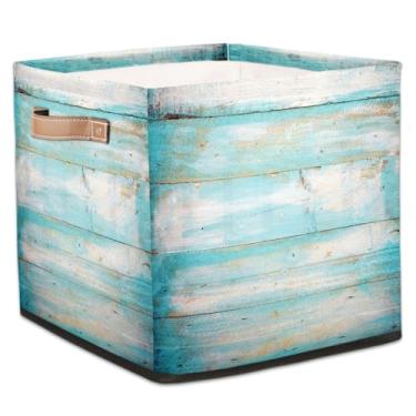 Imagem de hongjinglin Cestos dobráveis de armazenamento de cubos à beira-mar, caixas dobráveis de madeira azul, brinquedo infantil com alças, organizador de tecido, cesto organizador para berçário, sala de