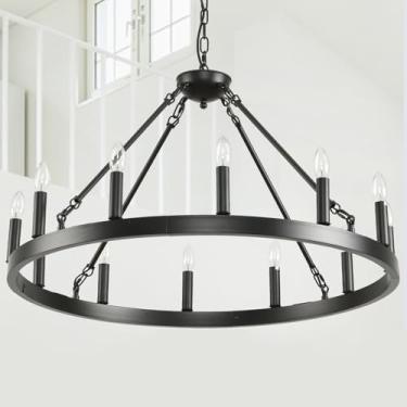 Imagem de ODCVKRT Lustre Preto Com 12 Luzes Em Formato De Roda De Carroça, Estilo Fazenda, Lustre Rústico Vintage Para Sala De Jantar, Luminária Pendente De Teto Redonda Para Cozinha, Ilha, Sala De Estar, Sa