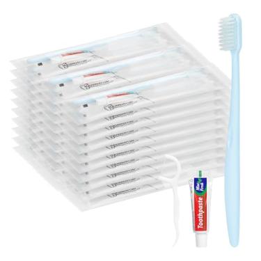 Imagem de Escovas de dentes descartáveis com pasta de dente, kit de escova de dentes para viagem, embalado individualmente, azul claro, com palhetas de fio dental, adequado para hotel, casa, acampamento