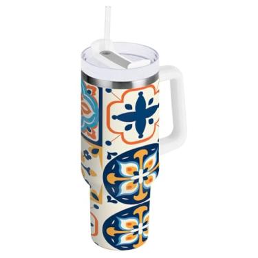 Imagem de Blueangle Copo isolado de 1,134 g com alça e tampa de canudo - Caneca de viagem de aço inoxidável à prova de vazamento, garrafa de água de cerâmica mexicana a vácuo de parede dupla (566)