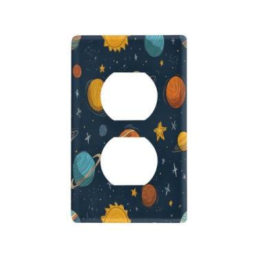 Imagem de Blueangle Placa de parede com desenho animado sistema solar planetas duplex, tamanho padrão, placas de cobertura de tomada elétrica de 1 gangue para decoração de quarto de escritório em casa, 4,53 x