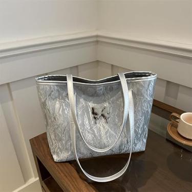 Imagem de Bolsa feminina elegante de couro de cor sólida com zíper e borboleta, bolsa de ombro elegante para uso diário em viagens diárias, Prata