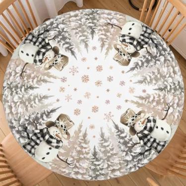 Imagem de ABSOP Toalha de mesa redonda de boneco de neve de inverno com borda elástica, árvore de Natal e floco de neve, toalha de mesa circular de 101 a 111 cm para cozinha, festa, pátio, piquenique