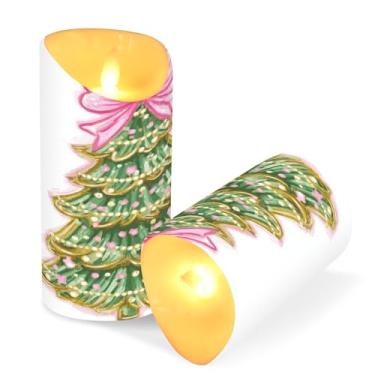 Imagem de Blueangle Pacote com 2 velas de árvore de Natal rosa sem chama com controle remoto e temporizador, velas LED cintilantes (7,6 cm x 15 cm) para decoração de casa, casamento, acampamento (852)