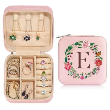 Imagem de Caixa de joias para mulheres, estojo organizador de joias inicial para viagem, colar e brincos, caixa de anel, presentes de aniversário de Natal para irmãs filhas, letra A-Z, rosa fofo