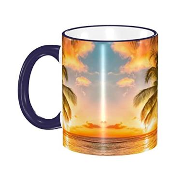 Imagem de Ourdovi Tropical Beach Palm Tree Sunset Ceramic Espresso Cafeteira, Caneca de cerâmica revestida DIY, para café, sopa, chá, leite, latte, cacau quente, divertido colorido 350 ml