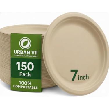Imagem de URBAN VII Pratos de papel compostáveis bege de 17 cm [pacote com 150] – Pratos de bagaço descartável resistente (fibra de cana-de-açúcar), louça biodegradável ecológica, segura para micro-ondas e à