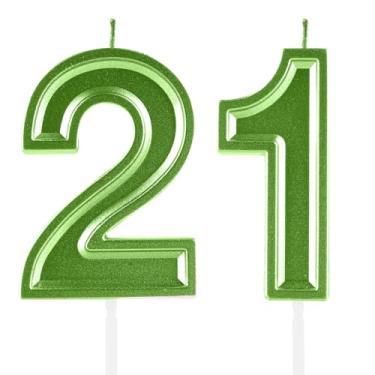 Imagem de Velas de aniversário de 21 anos, numerais verdes, 21 topper de bolo, decoração para meninas, meninos, tema de aniversário, festa de casamento, aniversário de casamento, suprimentos para celebração