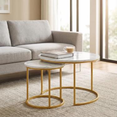 Imagem de Conjunto de 2 mesas de centro redondas com padrão de mármore moderno, mesa de canto minimalista empilhável para sala de estar, quarto, espaço pequeno, branco e dourado