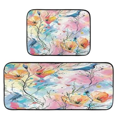 Imagem de Wassud Tapetes de cozinha com folhas de aquarela, para decoração de casa, tapetes de cozinha acolchoados, antifadiga, tapetes de cozinha, antiderrapante, lavável, itens essenciais, conjunto de 2