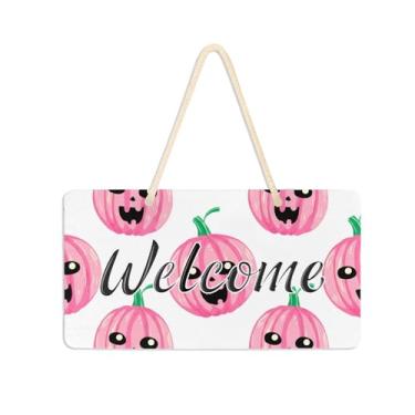 Imagem de Burbuja Placa de boas-vindas de abóboras rosa para porta da frente, placa de boas-vindas de PVC para decoração de férias de casa de fazenda, 15 x 28 cm