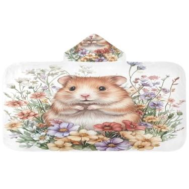 Imagem de Burbuja Linda toalha de banho com capuz de flores de hamster para crianças, toalha de praia de pelúcia macia absorvente para meninas e meninos 3-10 anos, 61 x 127 cm