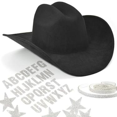 Imagem de Keilin Chapéus de cowboy para mulheres, chapéu de cowgirl com strass, chapéu de feltro ocidental, festa de despedida de solteira, discoteca, faça você mesmo, roupas de vaqueira, Preto, 6 3/4-7 3/8