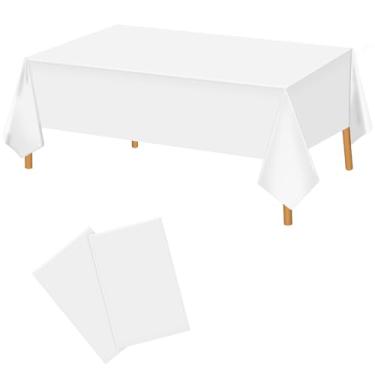 Imagem de Lemicin Pacote com 2 toalhas de mesa de plástico branco 137 x 272 cm, toalha de mesa descartável, toalha de mesa retangular, para festas internas ou externas, noivado, casamento, chá de panela