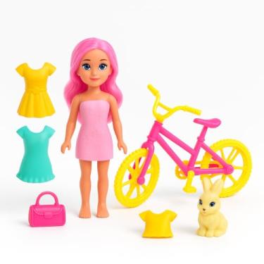 Imagem de Mini Boneca Fashion com Acessórios Conjunto de Ombrelone de Brinquedo Infantil com Vestido Rosa Bicicleta Roupas Coloridas e Pet Coelho ou Cachorro Presente para Meninas