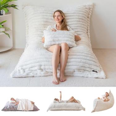 Imagem de MAXYOYO Cadeira de pufe gigante com travesseiro, cadeira conversível 3 em 1 para adultos com capa removível, espreguiçadeira de chão acolchoada para sala de estar e quarto, bege