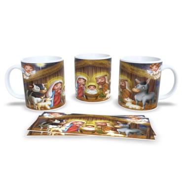 Imagem de Caneca de Cerâmica com Decoração Natalina, 325ml, Branca com Bolas de Natal em Vermelho, Azul e Verde, Design de Flocos de Neve (10)