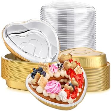 Imagem de Domensi 15 formas de bolo de coração de dia dos namorados de 623 g, formas de folha de alumínio para forno vermelho com tampas, copo de cupcake descartável para festas de casamento e aniversário dos