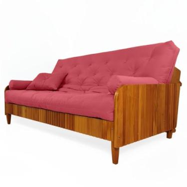 Imagem de Sofá Cama Paris Ii Ripado Sarja em Madeira Maciça Natural - Goiaba