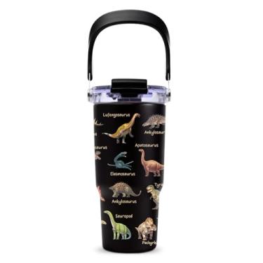 Imagem de NIAXAUYT Dinossauro Gifts - Copo de dinossauro com alça superior e tampa de canudo flip 590 ml copos de viagem isolados de aço inoxidável para meninos - Ideias de aniversário de Natal para amantes de