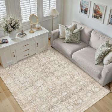Imagem de WondRg Tapete de área neutra lavável bege 3x4 para sala de estar, floral, antiderrapante, tapete baixo, interior, vintage, tradicional, resistente a manchas, tapete envelhecido, quarto, sala de jantar