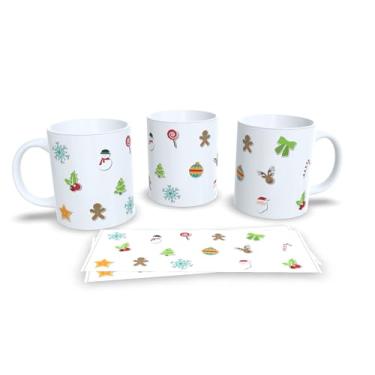 Imagem de Caneca de Cerâmica com Decoração Natalina, 325ml, Branca com Bolas de Natal em Vermelho, Azul e Verde, Design de Flocos de Neve (14)