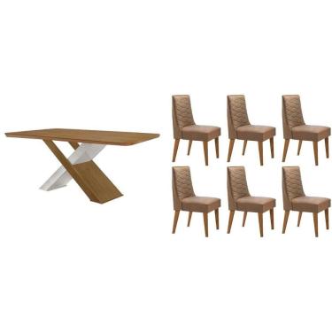 Imagem de Sala Jantar Mesa Imperatriz Tampo Curvo 180cm+6 Cadeiras Dafne Madeira Naturale/Off White - Capuccino/Suede Capuccino - Rufato