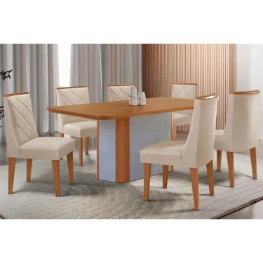 Imagem de Sala Jantar Mesa Pietá Tampo Curvo 180cm+6 Cadeiras Pietá Madeira Naturale/Off White - Capuccino/Suede Creme - Rufato