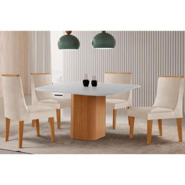 Imagem de Sala Jantar Mesa Maldivas Tampo c/ Vidro Curvo 90cm+4 Cadeiras Dakota Madeira Naturale/Off White - Capuccino/Suede Creme - Rufato