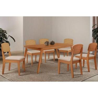 Imagem de Sala Jantar Mesa Havana Tampo Curvo 180cm+6 Cadeiras Havana Naturale - Suede Creme - Rufato