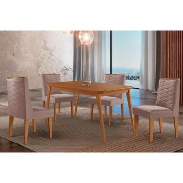 Imagem de Sala Jantar Mesa Havana Tampo Curvo 120cm+4 Cadeiras Dafne Madeira Naturale - Capuccino/Linho Capuccino - Rufato