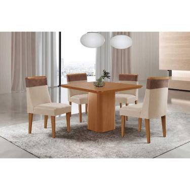 Imagem de Sala Jantar Mesa Maldivas Tampo Curvo 90cm+4 Cadeiras Jaspe Madeira Naturale - Capuccino/Suede Creme - Rufato