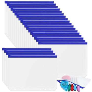 Imagem de Zonon 30 peças, fichário de 3/6 anéis, bolsos com zíper, 3/6 furos, pastas transparentes com zíper, à prova d'água, sacos de enchimento de folhas soltas de PVC (zíperes azuis, A5)