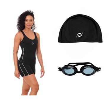 Imagem de Kit Macaquinho E Touca Helanca Natação Hidroginástica Com Óculos Uv (Preto/Branco - Touca Preta, GG)