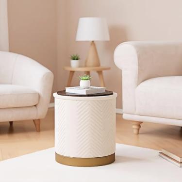 Imagem de CAIPINFUL Otomano redondo com armazenamento – apoio para os pés elegante com pernas douradas, mesa de centro para sala de estar, dormitório otomano de armazenamento, branco