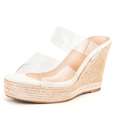 Imagem de WIRALOMI Sandálias femininas transparentes de salto plataforma de alpargatas sem cadarço, sandálias deslizantes, verão, praia, cristal, mules, Branco, 36