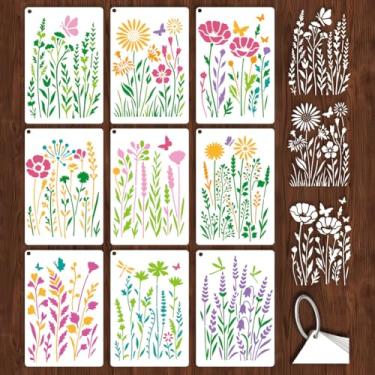 Imagem de GOMAKERER 9 folhas grandes de estênceis de flores silvestres para pintura, cachos de flores, modelos de desenho reutilizáveis, design floral, arte plástica, modelos de PET para pintura na parede