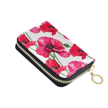 Imagem de Carteira feminina minimalista com zíper em torno de porta-cartões, bloqueio de RFID, aquarela, flor vermelha, branca, zíper, carteira de viagem com chaveiro