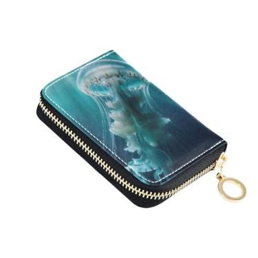 Imagem de Carteira feminina pequena com porta-cartões com bloqueio de RFID, zíper ao redor do zíper, porta-chaves, água-viva, azul marinho