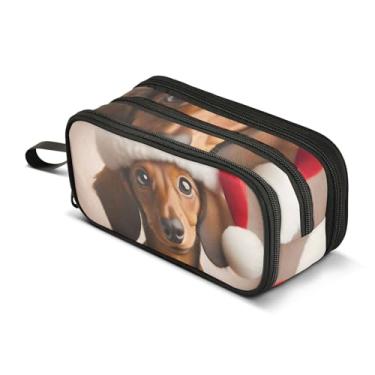 Imagem de Estojo de lápis com zíper bolsa de lápis bonito chapéu de Natal Dachshund bolsa de armazenamento de lápis meninos meninas adolescentes estudantes volta às aulas material de escritório adultos