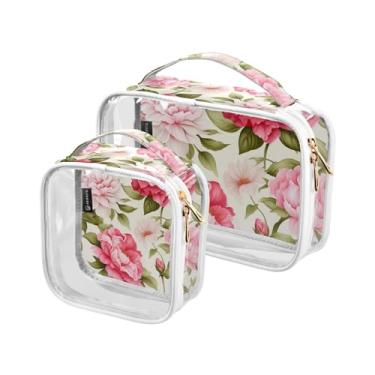 Imagem de GAIGEO Conjunto de bolsas de cosméticos transparentes de bolas esportivas, bolsa de cosméticos transparente, acessórios de viagem para cosméticos, pacote com 2, Peônia rosa e verde floral - 2, one