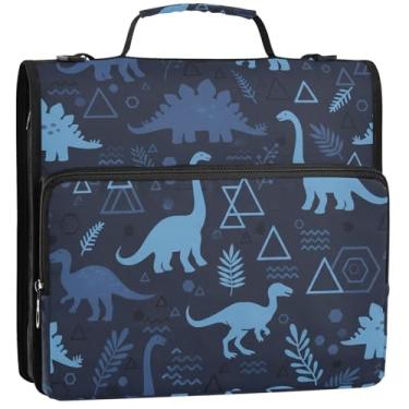 Imagem de Pasta de 3 anéis azul marinho azul dinossauro 3 anéis D organizador de fichário com zíper bolsa de fichário ensino médio com alça de armazenamento estojo portfólio com alça, 34,5 x 31,5 x 9 cm