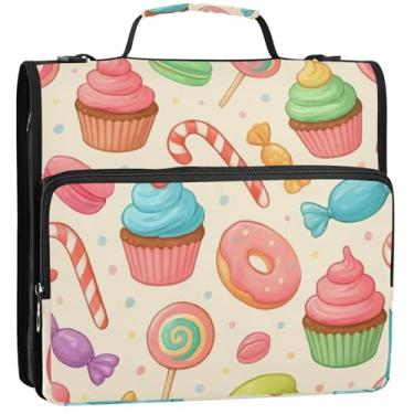 Imagem de Organizador de fichário colorido com zíper bege com estampa de cupcakes, 3 anéis, bolsa escolar com alça de ombro, pasta de armazenamento com alça, 34,5 x 31,5 x 9 cm