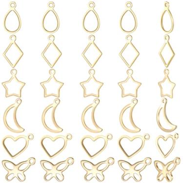 Imagem de Beebeecraft Pingentes de moldura oca, 150 peças, 6 estilos, banhado a ouro 18 K, aço inoxidável, 304, lua, estrela, lágrima, coração, losango, borboleta, berloques de bisel aberto para artesanato em