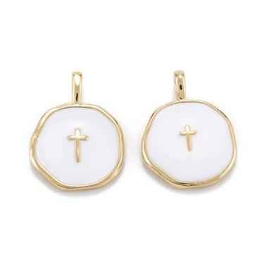 Imagem de Clotiry 10 peças de pingentes de crucifixo religioso branco esmaltado redondo com cruz de cor dourada para fazer joias faça você mesmo, brincos, colar, pulseiras